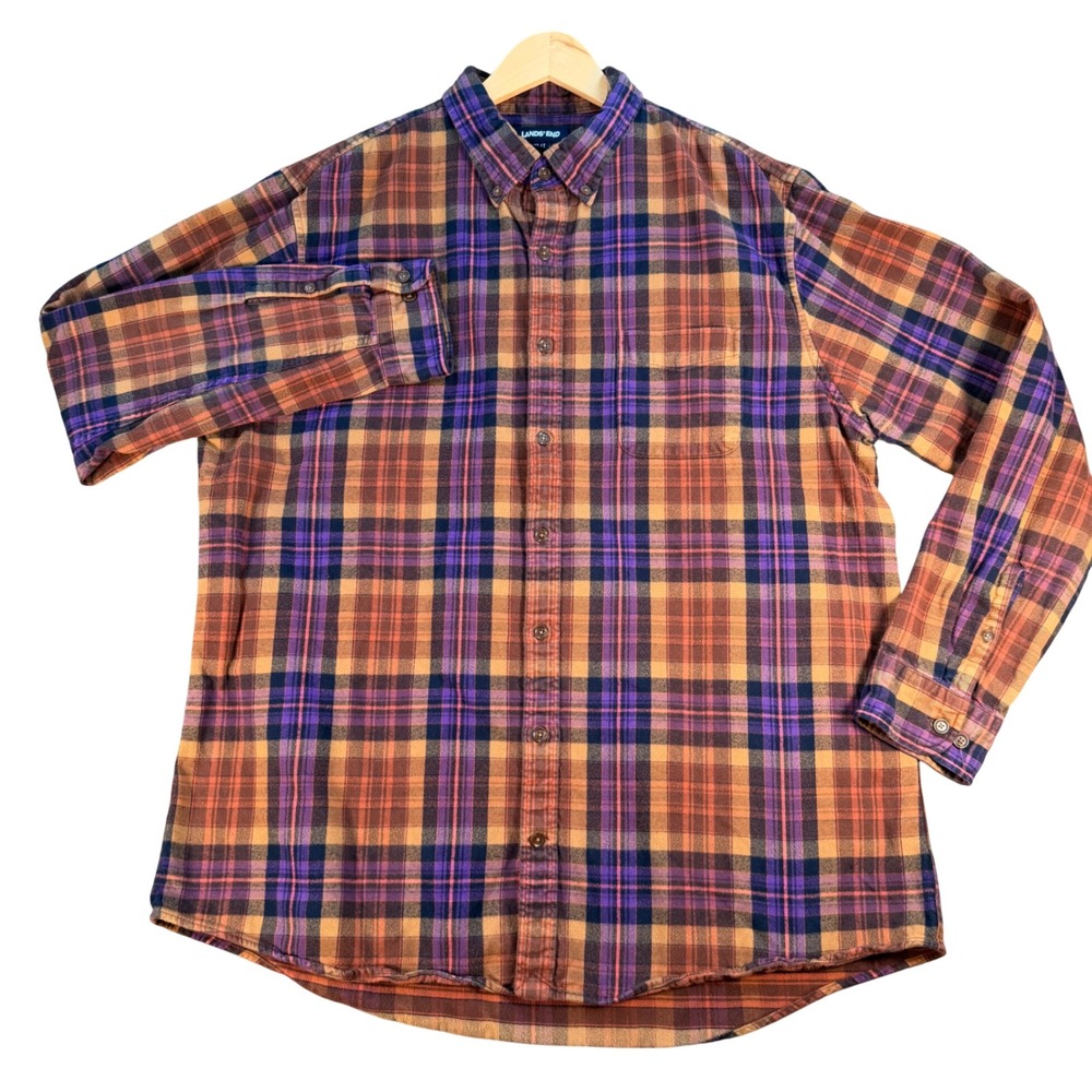 Lands End Mens XL Tall Flannel Shirt brown Purple Plaid Traditional Fit